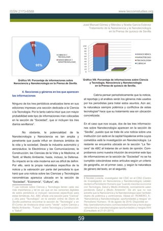 ISSN 2173-6588                                                                               www.teccomstudies.org



                                                               José Manuel Gómez y Méndez y Noelia García Estevez
                                                                   Tratamiento de la Nanociencia y la Nanotecnología
                                                                                   en la Prensa de quiosco de Sevilla




     Gráfico VII. Porcentaje de informaciones sobre            Gráfico VIII. Porcentaje de informaciones sobre Ciencia
  Nanociencia y Nanotecnología en la Prensa de Sevilla.              y Tecnología, Nanociencia y Nanotecnología
                                                                          en la Prensa de quiosco de Sevilla.

         4. Secciones y géneros en los que aparecen
 las informaciones                                                     Cabría pensar periodísticamente que la noticia,
                                                               el reportaje y el análisis serán los géneros más usados
 Ninguno de los tres periódicos analizados tiene en sus        por los periodistas para tratar estos asuntos. Aún así,
 ediciones impresas una sección dedicada a la Ciencia          la naturaleza siempre polémica y conflictiva de estas
 o la Tecnología. Por lo tanto cabría intuir que con mayor     tecnologías8 hace que su tratamiento sea sin ubicación
 probabilidad este tipo de informaciones irían colocadas       concretizada.
 en la sección de “Sociedad”, que sí incluyen los tres
 diarios sevillanos7.                                          En el caso que nos ocupa, dos de las tres informacio-
                                                               nes sobre Nanotecnología aparecen en la sección de
        No obstante, la potencialidad de la                    “Sevilla”, puesto que se trata de una noticia sobre una
 Nanotecnología y Nanociencia es tan amplia y                  institución con sede en la capital hispalense entre cuyos
 penetrante que puede influir en diversos ámbitos de           cometidos está la investigación en Nanotecnología. La
 la vida y la sociedad. Desde la industria automotriz y        restante se encuentra ubicada en la sección “La Ter-
 aeronáutica; la Electrónica y las Comunicaciones; la          cera” de ABC al tratarse de un texto de opinión. Com-
 Construcción; las Ciencias de la Vida y la Medicina; el       probamos como nuestra intuición de encontrar este tipo
 Textil; el Medio Ambiente; hasta, incluso, la Defensa.        de informaciones en la sección de “Sociedad” no se ha
 Su impacto en la vida moderna aún es difícil de definir.      cumplido colocándose estos artículos según un criterio
 Por ello, será la propia naturaleza específica de la          de geografía, en el primer caso, y según la naturaleza
 noticia y la valoración por parte del periodista lo que       de género del texto, en el segundo.
 hará que una noticia sobre las Ciencias y Tecnologías
 nanométricas aparezca ubicada en la sección de                8 Nicolás Lorente, investigador del CSIC en el CIN2 (Centro
 “Sociedad”, “Economía”, “Cultura”, etc.                       de Investigación en Nanociencia y Nanotecnología) catalán
                                                               declaró a Periodismo Humano que “cuando mezclas economía
 7 Las noticias sobre Ciencia y Tecnología tienen cada vez     con Tecnología, Salud y Medio Ambiente, normalmente salen
 más importancia y tal es así que en las versiones digitales   perdiendo Salud y Medio Ambiente”. De ahí que no nos
 de estos periódicos sí incluyen secciones específicas para    extrañe que la Nanociencia y la Nanotecnología sean también
 estas temáticas. Así, ABC añade una sección para “Ciencia”    objeto de polémica y controversia. Véase en: ROMERO, A.:
 y otra para “Tecnología”; en la versión online de Diario de   “Nanociencia y Nanotecnologías: oportunidades y riesgos” en
 Sevilla podremos encontrar la sección de “Tecnología” y en    Periodismo Humano, 16 de agosto de 2010. Disponible en:
 El Correo de Andalucía otras como “Verde” -sobre Ciencia y    http://periodismohumano.com/sociedad/ciencia-y-tecnologia/
 Medio Ambiente-, “Futuro” -sobre Tecnología y Construcción-   nanociencia-y-nanotecnologias-oportunidades-y-riesgos.html
 o “Salud”.                                                    [Consultado el 21-01-2011].


                                                           59
 