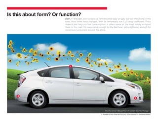 Is this about form? Or function?
                         Both. In the past, eco-conscious vehicles were easy on gas, but too often hard on the
                         eyes. How times have changed. With its remarkably low 0.25 drag coefﬁcient, Prius
                         doesn’t just help cut fuel consumption; it offers some of the most boldly sculpted
                         lines on the road. It’s responsive enough for the fast lane, yet enlightened enough for
                         conscious consumers around the globe.




                             1




    2
                                                                                                                      2




                                                                   Prius Four shown in Blizzard Pearl with available Solar Roof Package. 2
                                                                                                                                       1,



                                                             1. Available on Prius Three and Four only. 2. See footnote 7 in Disclaimers section.
 