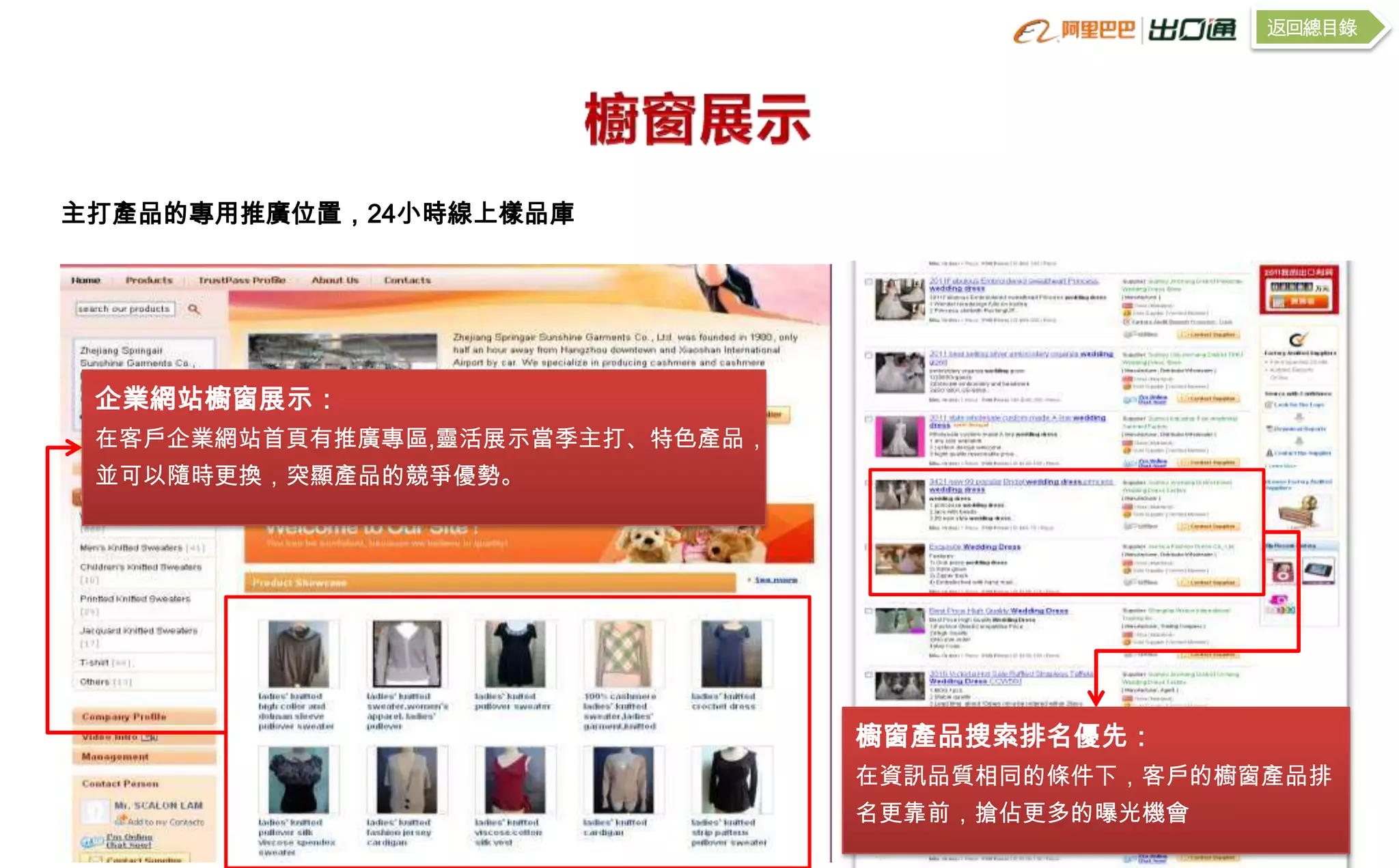 返回總目錄




主打產品的專用推廣位置，24小時線上樣品庫




 企業網站櫥窗展示：
 在客戶企業網站首頁有推廣專區,靈活展示當季主打、特色產品，
 並可以隨時更換，突顯產品的競爭優勢。




                                 櫥窗產品搜索排名優先：
                                 在資訊品質相同的條件下，客戶的櫥窗產品排
                                 名更靠前，搶佔更多的曝光機會
 