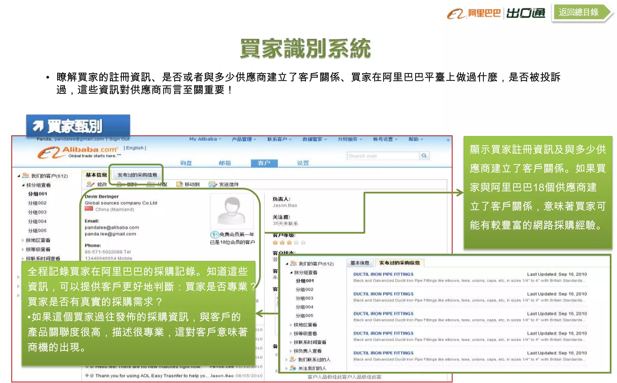 返回總目錄




 • 瞭解買家的註冊資訊、是否或者與多少供應商建立了客戶關係、買家在阿里巴巴平臺上做過什麼，是否被投訴
   過，這些資訊對供應商而言至關重要！




                                          顯示買家註冊資訊及與多少供
                                          應商建立了客戶關係。如果買
                                          家與阿里巴巴18個供應商建
                                          立了客戶關係，意味著買家可
                                          能有較豐富的網路採購經驗。



全程記錄買家在阿里巴巴的採購記錄。知道這些
資訊，可以提供客戶更好地判斷：買家是否專業？
買家是否有真實的採購需求？
•如果這個買家過往發佈的採購資訊，與客戶的
產品關聯度很高，描述很專業，這對客戶意味著
商機的出現。
 