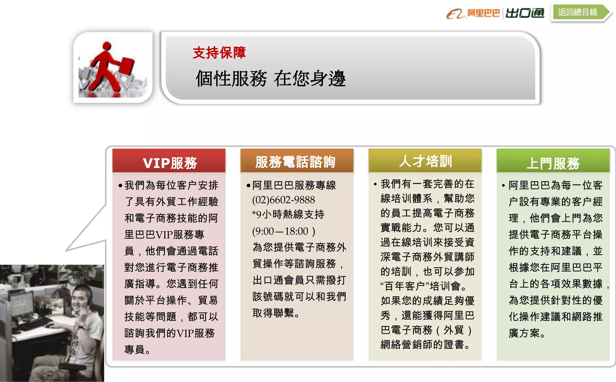 返回總目錄



       支持保障

       個性服務 在您身邊



  VIP服務       服務電話諮詢            人才培訓           上門服務
•我們為每位客户安排   •阿里巴巴服務專線        • 我們有一套完善的在    • 阿里巴巴為每一位客
了具有外貿工作經驗     (02)6602-9888     線培训體系，幫助您    户設有專業的客户經
和電子商務技能的阿     *9小時熱線支持          的員工提高電子商務    理，他們會上門為您
              (9:00—18:00）      實戰能力。您可以通
里巴巴VIP服務專                                    提供電子商務平台操
              為您提供電子商務外         過在線培训來接受資
員，他們會通過電話                                    作的支持和建議，並
                                深電子商務外貿講師
對您進行電子商務推     貿操作等諮詢服務，                      根據您在阿里巴巴平
                                的培訓，也可以参加
廣指導。您遇到任何     出口通會員只需撥打                      台上的各項效果數據，
                                “百年客户”培训會。
關於平台操作、貿易     該號碼就可以和我們         如果您的成績足夠優    為您提供針對性的優
技能等問題，都可以     取得聯繫。             秀，還能獲得阿里巴    化操作建議和網路推
諮詢我們的VIP服務                      巴電子商務（外貿）    廣方案。
專員。                             網絡營銷師的證書。
 