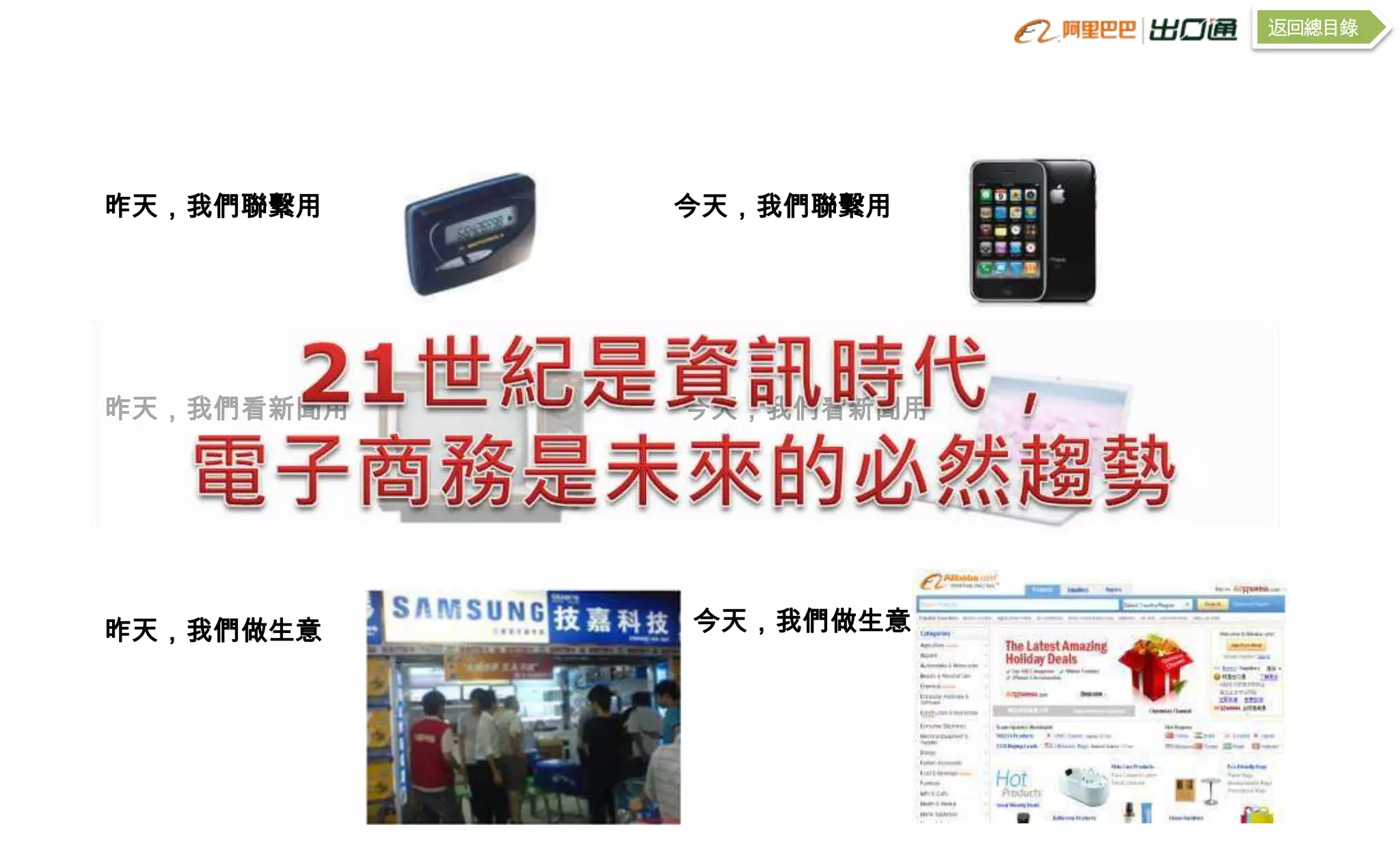 返回總目錄




昨天，我們聯繫用    今天，我們聯繫用




昨天，我們看新聞用   今天，我們看新聞用




昨天，我們做生意    今天，我們做生意
 