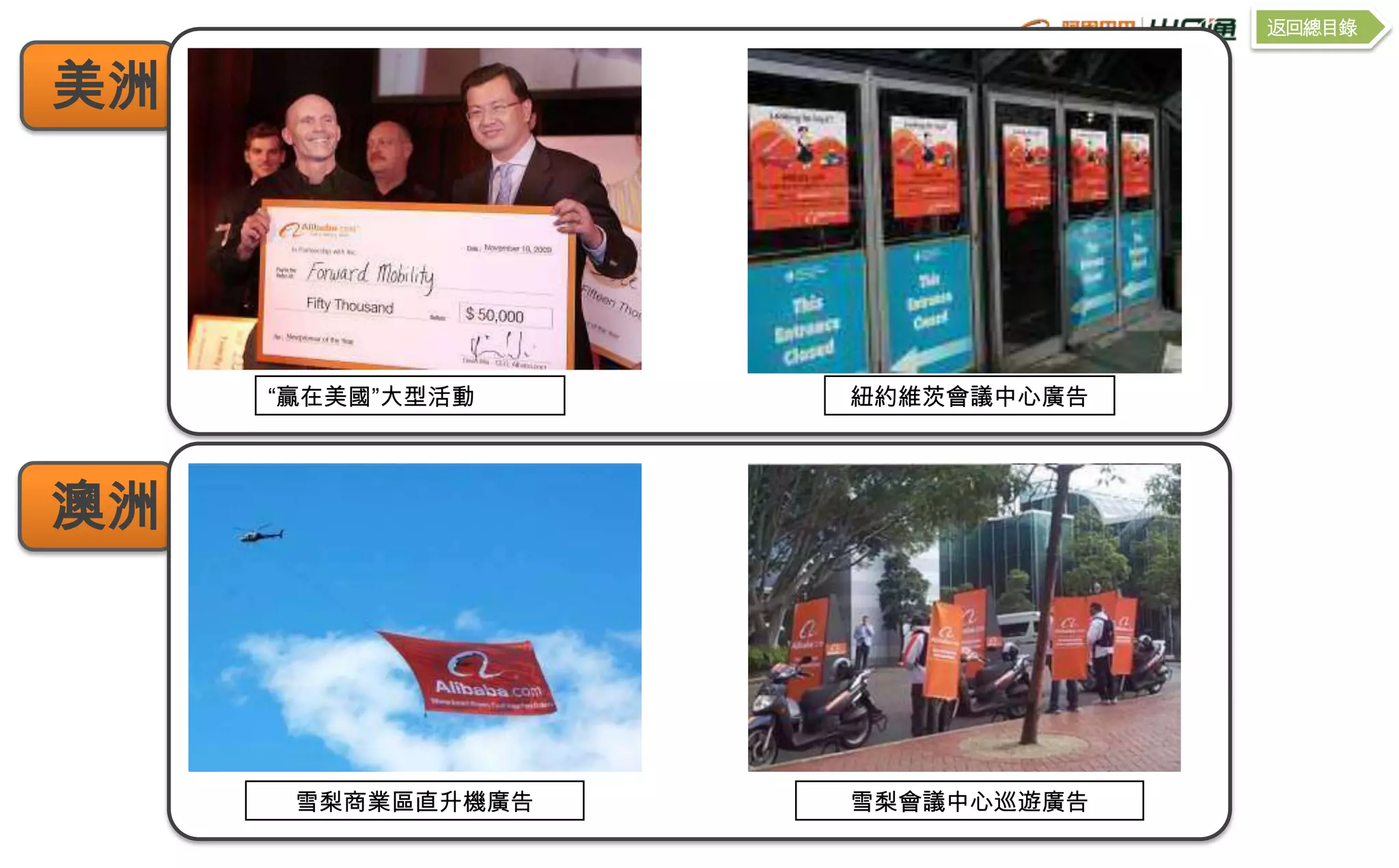 返回總目錄


美洲




     “贏在美國”大型活動    紐約維茨會議中心廣告




澳洲




      雪梨商業區直升機廣告   雪梨會議中心巡遊廣告
 