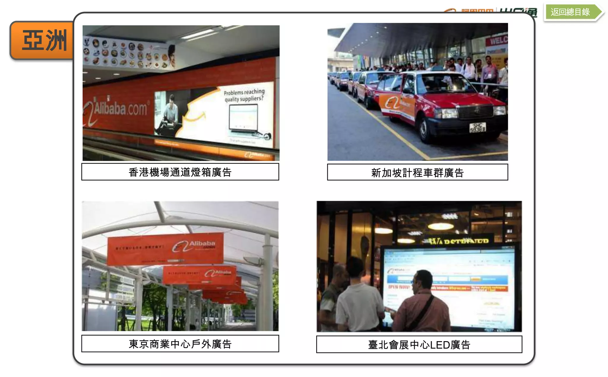 返回總目錄


亞洲




     香港機場通道燈箱廣告   新加坡計程車群廣告




     東京商業中心戶外廣告   臺北會展中心LED廣告
 