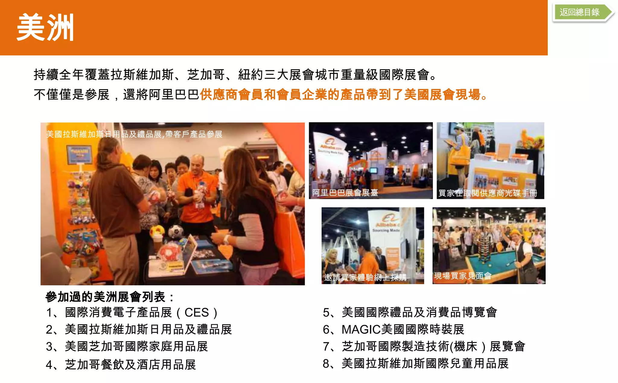 返回總目錄

美洲
持續全年覆蓋拉斯維加斯、芝加哥、紐約三大展會城市重量級國際展會。
不僅僅是參展，還將阿里巴巴供應商會員和會員企業的產品帶到了美國展會現場。

 美國拉斯維加斯日用品及禮品展,帶客戶產品參展




                          阿里巴巴展會展臺      買家在取閱供應商光碟手冊




                           邀請買家體驗網上採購   現場買家見面會

參加過的美洲展會列表：
1、國際消費電子產品展（CES）           5、美國國際禮品及消費品博覽會
2、美國拉斯維加斯日用品及禮品展           6、MAGIC美國國際時裝展
3、美國芝加哥國際家庭用品展             7、芝加哥國際製造技術(機床）展覽會
 4、芝加哥餐飲及酒店用品展             8、美國拉斯維加斯國際兒童用品展
 