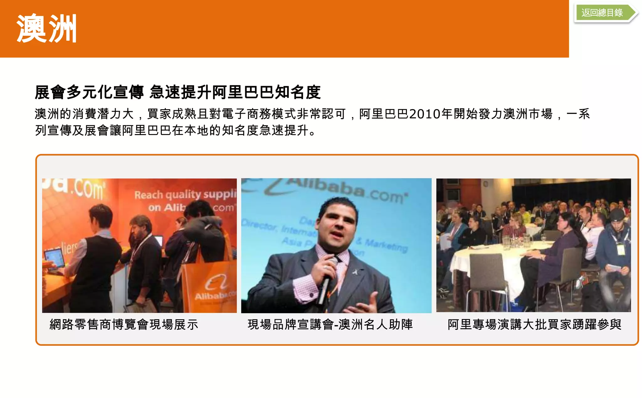 返回總目錄

澳洲
展會多元化宣傳 急速提升阿里巴巴知名度
澳洲的消費潛力大，買家成熟且對電子商務模式非常認可，阿里巴巴2010年開始發力澳洲市場，一系
列宣傳及展會讓阿里巴巴在本地的知名度急速提升。




 網路零售商博覽會現場展示    現場品牌宣講會-澳洲名人助陣   阿里專場演講大批買家踴躍參與
 