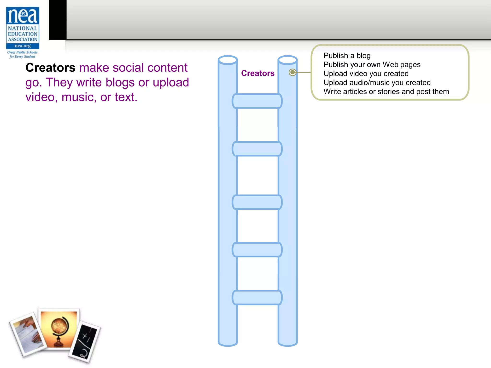 Creators
Publish a blog
Publish your own Web pages
Upload video you created
Upload audio/music you created
Write articles or stories and post them
Creators make social content
go. They write blogs or upload
video, music, or text.
Groups include people participating in at least
one of the activities monthly.
 
