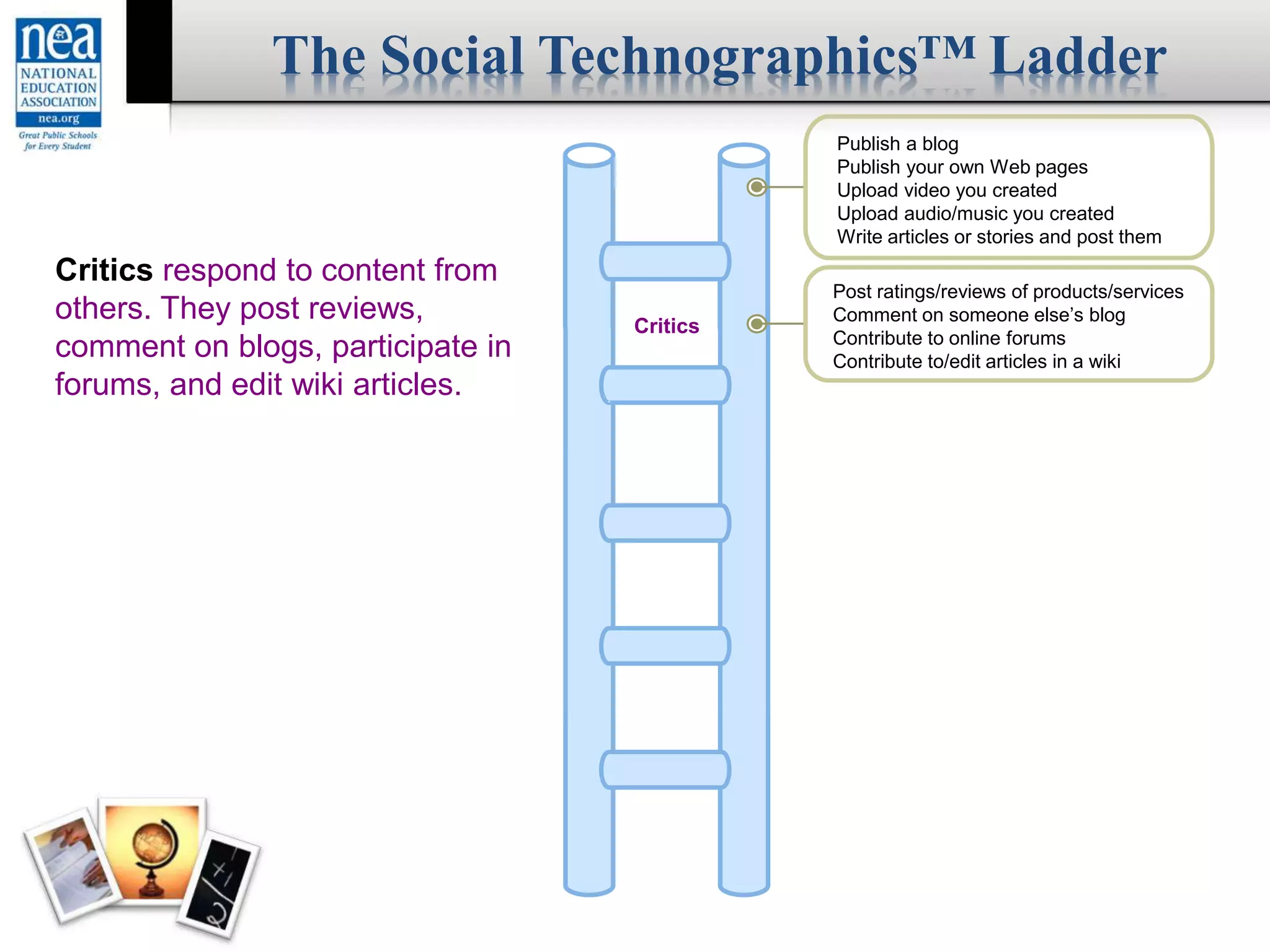 Creators
Critics
Publish a blog
Publish your own Web pages
Upload video you created
Upload audio/music you created
Write articles or stories and post them
Post ratings/reviews of products/services
Comment on someone else’s blog
Contribute to online forums
Contribute to/edit articles in a wiki
Critics respond to content from
others. They post reviews,
comment on blogs, participate in
forums, and edit wiki articles.
Groups include people participating in at least
one of the activities monthly.
The Social Technographics™ Ladder
 