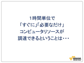 １時間単位で
「すぐに」「必要なだけ」
コンピュータリソースが
調達できるということは・・・
 