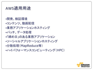 AWS適用用途

開発、検証環境
コンテンツ、動画配信
業務アプリケーションホスティング
バッチ、データ処理
「締め日」のある業務アプリケーション
ソーシャルアプリケーションホスティング
分散処理＇MapReduce等（
ハイパフォーマンスコンピューティング＇HPC（
 