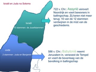 Israël en Juda na Solomo

                                            722 v. Chr.: Assyrië verovert
                                            Noordrijk en voert bewoners in
                                            ballingschap. Zij keren niet meer
                                            terug: 10 van de 12 stammen
                     Israël                 verdwijnen in de mist van de
                                            geschiedenis.
          10 stammen: de Jozefstammen




  Juda
                                        586 v. Chr.: Babylonië neemt
2 stammen: Juda en Benjamin             Jeruzalem in, verwoest de Tempel
                                        en voert de bovenlaag van de
                                        bevolking in ballingschap
 