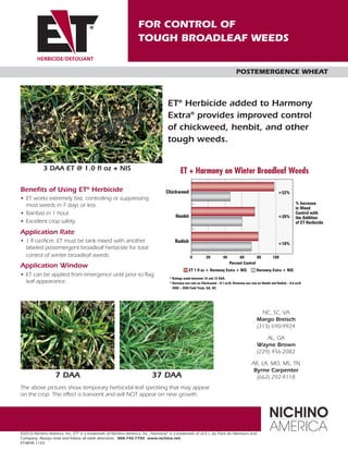 FOR CONTROL OF
                                                                TOUGH BROADLEAF WEEDS


                                                                                                                               POSTEMERGENCE WHEAT



                                                                                ET® Herbicide added to Harmony
                                                                                Extra® provides improved control
                                                                                of chickweed, henbit, and other
                                                                                tough weeds.


            3 DAA ET @ 1.0 fl oz + NIS                                                  ET + Harmony on Winter Broadleaf Weeds

Benefits of Using ET® Herbicide                                                Chickweed                                                                     +52%
• ET works extremely fast, controlling or suppressing
  most weeds in 7 days or less.                                                                                                                                          % Increase
                                                                                                                                                                         in Weed
• Rainfast in 1 hour.                                                                                                                                                    Control with
                                                                                     Henbit                                                                  +20%        the Addition
• Excellent crop safety.                                                                                                                                                 of ET Herbicide

Application Rate
• 1 fl oz/Acre; ET must be tank mixed with another                                  Radish                                                                   +10%
  labeled postemergent broadleaf herbicide for total
  control of winter broadleaf weeds.                                                           0          20          40        60         80            100
                                                                                                                           Percent Control
Application Window
                                                                                              ET 1 fl oz + Harmony Extra + NIS               Harmony Extra + NIS
• ET can be applied from emergence until prior to flag
                                                                                 * Ratings made between 18 and 72 DAA.
  leaf appearance.                                                               * Harmony use rate on Chickweed – 0.1 oz/A; Harmony use rate on Henbit and Radish – 0.6 oz/A
                                                                                   2008 – 2009 Field Trials, GA, NC




                                                                                                                                                NC, SC, VA
                                                                                                                                              Margo Breisch
                                                                                                                                              (315) 690-9924

                                                                                                                                                  AL, GA
                                                                                                                                              Wayne Brown
                                                                                                                                              (229) 456-2082

                                                                                                                                          AR, LA, MO, MS, TN
                                                                                                                                           Byrne Carpenter
                  7 DAA                                                37 DAA                                                               (662) 292-4118
The above pictures show temporary herbicidal leaf speckling that may appear
on the crop. This effect is transient and will NOT appear on new growth.




©2010 Nichino America, Inc. ET® is a trademark of Nichino America, Inc. Harmony® is a trademark of of E.I. du Pont de Nemours and
Company. Always read and follow all label directions. 888-740-7700 www.nichino.net
ET-WHE-1103
 
