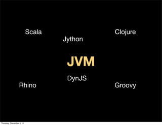 Scala            Clojure
                                   Jython


                                    JVM
                                    DynJS
                  Rhino                     Groovy




Thursday, December 8, 11
 
