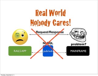 Real World
                                  Nobody Cares!
                                   Request/Responsext


                                       NoSQL

                      RAILS APP        pub/sub          MAINFRAME




Thursday, December 8, 11
 
