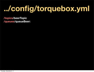 ../conﬁg/torquebox.yml
     /topics/beerTopic
     /queues/queueBeer:




Thursday, December 8, 11
 