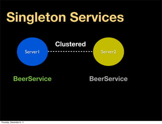 Singleton Services
                                     Clustered
                           Server1                  Server2




            BeerService                          BeerService




Thursday, December 8, 11
 