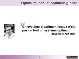 Optimum local et optimum global




“
Un système d’optimum locaux n’est
pas du tout un système optimum.
                 - Eliyahu M. Goldratt




          5
 