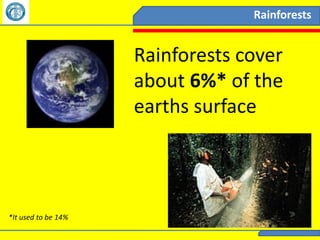 Rainforests


                     Rainforests cover
                     about 6%* of the
                     earths surface




*It used to be 14%
 