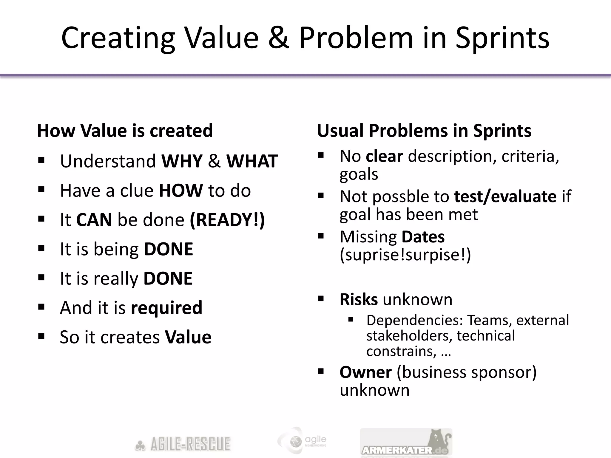 Creating Value & Problem in Sprints

How Value is created        Usual Problems in Sprints
 Understand WHY & WHAT      No clear description, criteria,
                              goals
 Have a clue HOW to do      Not possble to test/evaluate if
 It CAN be done (READY!)     goal has been met
                             Missing Dates
 It is being DONE            (suprise!surpise!)
 It is really DONE
 And it is required         Risks unknown
                                Dependencies: Teams, external
 So it creates Value            stakeholders, technical
                                 constrains, …
                             Owner (business sponsor)
                              unknown
 