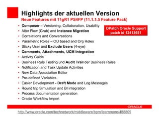 Highlights der aktuellen Version
    Neue Features mit 11gR1 PS4FP (11.1.1.5 Feature Pack)
•   Composer – Versioning, Collaboration, Usability
                                                       OPatch Oracle Support
•   Alter Flow (Grab) and Instance Migration             patch id 12413651
•   Correlations and Conversations
•   Parametric Roles – OU based and Org Roles
•   Sticky User and Exclude Users (4-eye)
•   Comments, Attachments, UCM Integration
•   Activity Guide
•   Business Rule Testing und Audit Trail der Business Rules
•   Notification and Task Update Activities
•   New Data Association Editor
•   Pre-defined Variables
•   Easier Development - Draft Mode and Log Messages
•   Round trip Simulation and BI integration
•   Process documentation generation
•   Oracle Workflow Import


http://www.oracle.com/technetwork/middleware/bpm/learnmore/488809
 