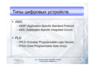 ڧ ڧӧ ۧ

? ASIC
   ? ASSP (Application-Specific Standard Product)
   ? ASIC (Application-Specific Integrated Circuit)


? PLD
   ? CPLD (Complex Programmable Logic Device)
   ? FPGA (Field Programmable Gate Array)



2/9/2011          ... ѧѧߧӧ ., ܧѧ.,    26
                          e-mail: hahanova@mail.ru
 