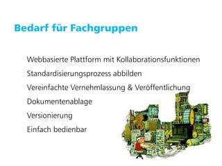 Puzzle ITC GmbH   www.puzzle.ch




   Bedarf für Fachgruppen


        Webbasierte Plattform mit Kollaborationsfunktionen
        Standardisierungsprozess abbilden
        Vereinfachte Vernehmlassung & Veröffentlichung
        Dokumentenablage
        Versionierung
        Einfach bedienbar
 