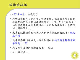 鼓勵的話語

• (2010 四月，給我們 )
• 非常欣賞你今天的報告 , 言之有物 , 但淺顯易懂 ( 你看
  連我都聽的懂且聽的津津有味ㄝ ... 哈 !!!) 可以感受
  的到你在很多面向上的用心 - 資料和影片準備 , 自信陳
  述 , 照顧學員 ...
• 尤其在就輔組看到你及小馬和學員們互動的狀況 - 親切
  且平權
• 我非常喜歡這種感覺 ~ 相信你們也會越來越了解與喜歡
  著學員八 !!!
• 衷心期待著你的後續成果 !!! 加油
• 祝 : 順利喔 ...
                               27
 