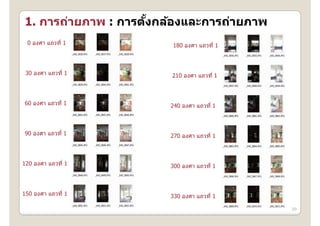1. การถ่ายภาพ : การตงกล้องและการถ่ายภาพ
   การถายภาพ การตงกลองและการถายภาพ
                    ั้
 0 องศา แถวที่ 1       180 องศา แถวที่ 1



 30 องศา แถวที่ 1      210 องศา แถวที่ 1
                                แถวท



60 องศา แถวที่ 1       240 องศา แถวที่ 1



90 องศา แถวที่ 1       270 องศา แถวที่ 1



120 องศา แถวที่ 1      300 องศา แถวที่ 1



150 องศา แถวที่ 1      330 องศา แถวที่ 1

                                           20
 