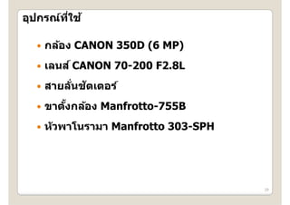 อุปกรณ์ทใช ้
  ุ     ี่

     กลอง
      กล้อง CANON 350D (6 MP)
     เลนส ์ CANON 70-200 F2.8L
                   70 200
         ่ั ั
      สายลนชตเตอร์
     ขาตงกล้อง Manfrotto-755B
         ั้
     ห ัวพาโนรามา Manfrotto 303-SPH




                                       29
 