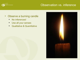 Observation vs. inference Observe a burning candle No inferences! Use all your senses Qualitative & Quantitative 