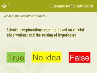 Example traffic light cards What is the scientific method? Scientific explanations must be based on careful  observations and the testing of hypotheses. True False No idea 