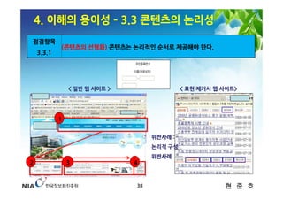 4. 이해의 용이성 ­ 3.3 콘텐츠의 논리성
점검항목
            (콘텐츠의 선형화) 콘텐츠는 논리적인 순서로 제공해야 한다.
    3.3.1




                < 일반 웹 사이트 >                 < 표현 제거시 웹 사이트>




            1

                                    위반사례 :
                                    논리적 구성
                                    위반사례
2               3              4


                               38                       현 준 호
 