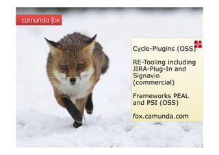 camunda fox


              Cycle-Plugins (OSS)

              RE-Tooling including
              JIRA-Plug-In and
              Signavio
              (commercial)

              Frameworks PEAL
              and PSI (OSS)

              fox.camunda.com
 