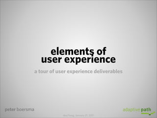 elements of
                  user experience
                a tour of user experience deliverables




peter boersma
                            dev/haag, January 21, 2011
 