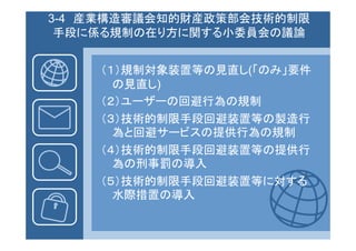 3-4 産業構造審議会知的財産政策部会技術的制限
 手段に係る規制の在り方に関する小委員会の議論


    （１）規制対象装置等の見直し(「のみ」要件
      の見直し)
    （２）ユーザーの回避行為の規制
    （ ）  ザ の回避行為の規制
    （３）技術的制限手段回避装置等の製造行
      為と回避サービスの提供行為の規制
    （ ）技術的制限手段回避装置等の提供行
    （４）技術的制限手段回避装置等の提供行
      為の刑事罰の導入
    （５）技術的制限手段回避装置等に対する
      水際措置の導入
 