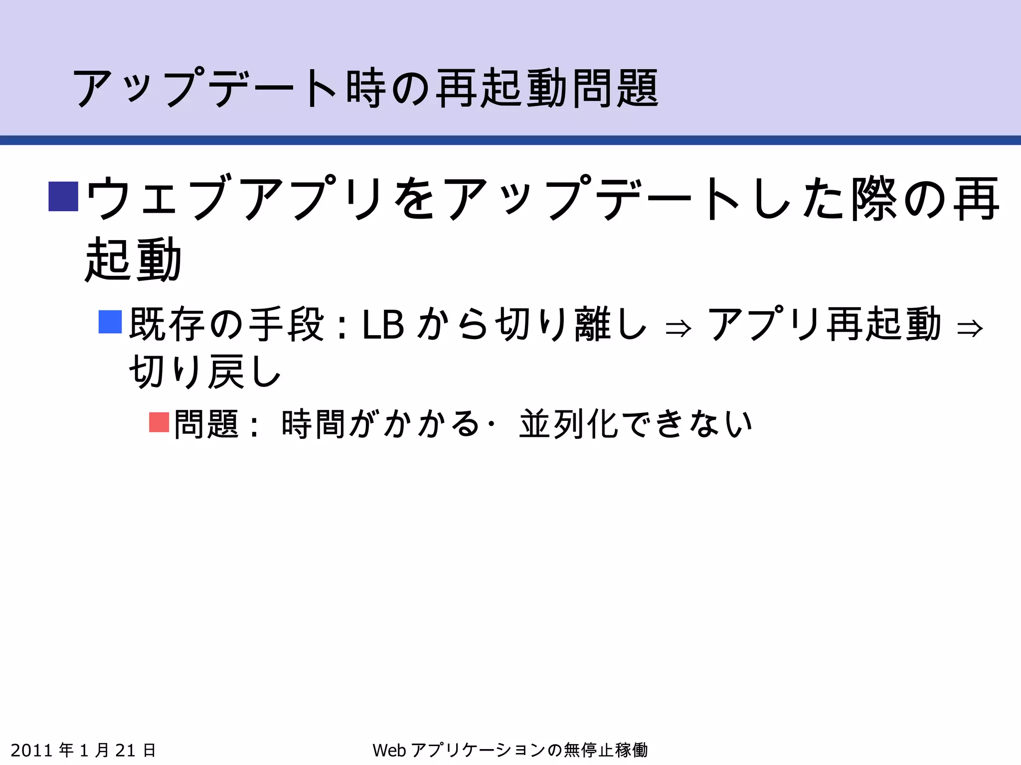 アップデート時の再起動問題 ウェブアプリをアップデートした際の再起動 既存の手段 : LB から切り離し ⇒ アプリ再起動 ⇒切り戻し 問題 :  時間がかかる・並列化できない Web アプリケーションの無停止稼働 2011 年 1 月 21 日 