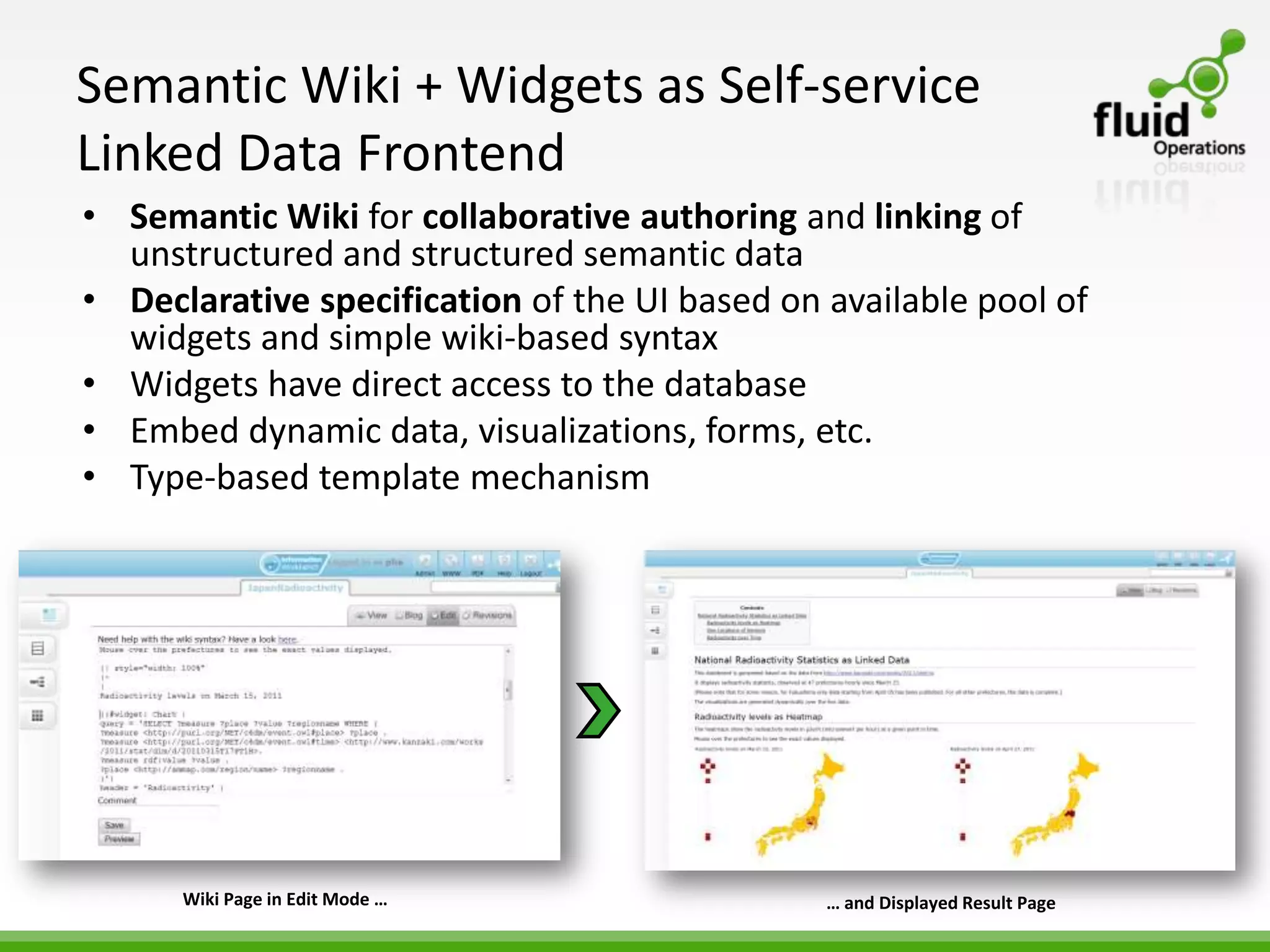 Semantic Wiki + Widgets as Self-service
Linked Data Frontend
• Semantic Wiki for collaborative authoring and linking of
  unstructured and structured semantic data
• Declarative specification of the UI based on available pool of
  widgets and simple wiki-based syntax
• Widgets have direct access to the database
• Embed dynamic data, visualizations, forms, etc.
• Type-based template mechanism




      Wiki Page in Edit Mode …                 … and Displayed Result Page
 