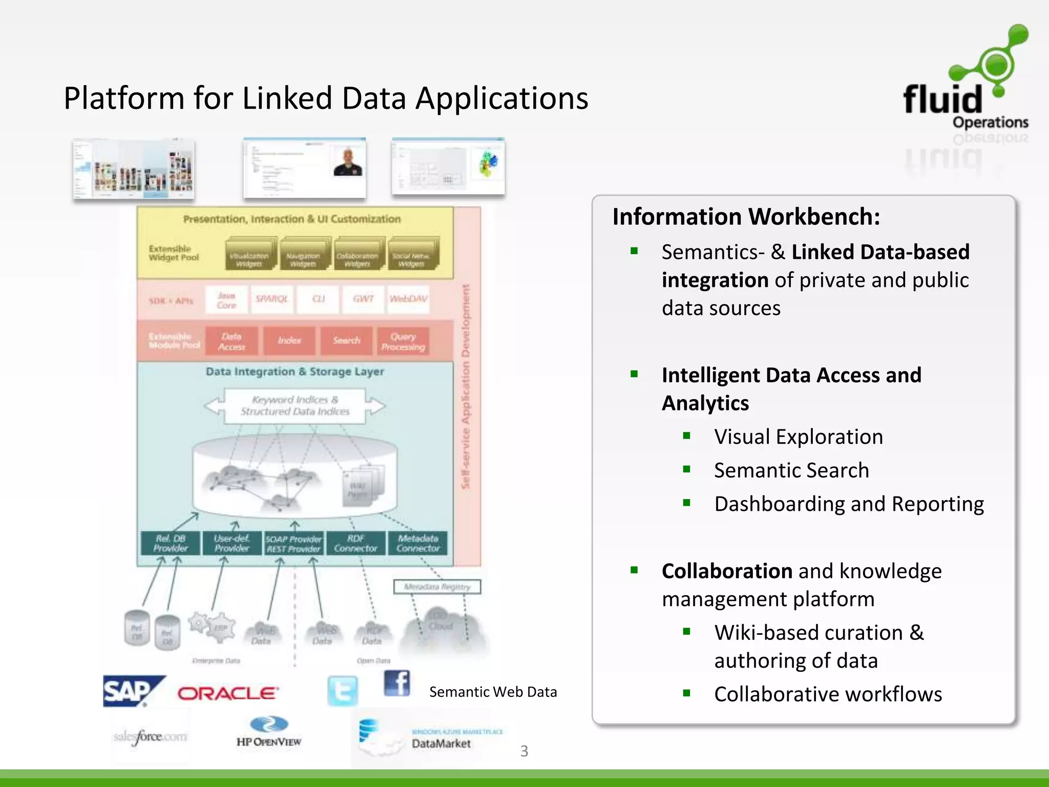 Platform for Linked Data Applications


                                             Information Workbench:
                                               Semantics- & Linked Data-based
                                                integration of private and public
                                                data sources

                                               Intelligent Data Access and
                                                Analytics
                                                   Visual Exploration
                                                   Semantic Search
                                                   Dashboarding and Reporting

                                               Collaboration and knowledge
                                                management platform
                                                   Wiki-based curation &
                                                     authoring of data
                         Semantic Web Data         Collaborative workflows

                                     3
 