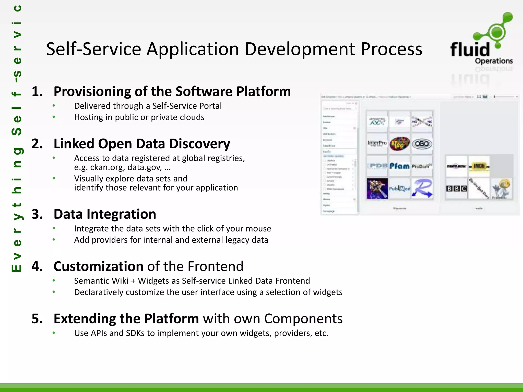 E v e r y t h i n g S e l f -s e r v i c

                                             Self-Service Application Development Process

                                           1. Provisioning of the Software Platform
                                              •   Delivered through a Self-Service Portal
                                              •   Hosting in public or private clouds

                                           2. Linked Open Data Discovery
                                              •   Access to data registered at global registries,
                                                  e.g. ckan.org, data.gov, …
                                              •   Visually explore data sets and
                                                  identify those relevant for your application

                                           3. Data Integration
                                              •   Integrate the data sets with the click of your mouse
                                              •   Add providers for internal and external legacy data


                                           4. Customization of the Frontend
                                              •   Semantic Wiki + Widgets as Self-service Linked Data Frontend
                                              •   Declaratively customize the user interface using a selection of widgets


                                           5. Extending the Platform with own Components
                                              •   Use APIs and SDKs to implement your own widgets, providers, etc.
 