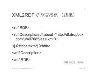 XML2RDFでの変換例（結果）<br /><rdf:RDF><br />  <rdf:Descriptionrdf:about="http://dl.dropbox.com/u/407085/aaa.xml"><br />    <j.0:b...