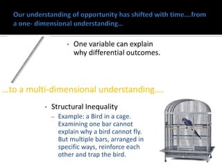 •   One variable can explain
                         why differential outcomes.



…to a multi-dimensional understanding….
          •   Structural Inequality
              –   Example: a Bird in a cage.
                  Examining one bar cannot
                  explain why a bird cannot fly.
                  But multiple bars, arranged in
                  specific ways, reinforce each
                  other and trap the bird.
 