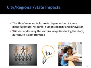  The State’s economic future is dependent on its most
  plentiful natural resource, human capacity and innovation
 Without addressing the various inequities facing the state,
  our future is compromised




                                                                34
 