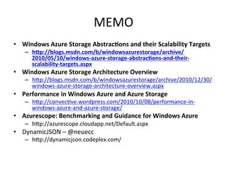 MEMO	
•  Windows	
  Azure	
  Storage	
  Abstrac4ons	
  and	
  their	
  Scalability	
  Targets	
  
     –  h9p://blogs.msdn.com/b/windowsazurestorage/archive/
        2010/05/10/windows-­‐azure-­‐storage-­‐abstrac4ons-­‐and-­‐their-­‐
        scalability-­‐targets.aspx	
  
•  Windows	
  Azure	
  Storage	
  Architecture	
  Overview	
  
     –  hKp://blogs.msdn.com/b/windowsazurestorage/archive/2010/12/30/
        windows-­‐azure-­‐storage-­‐architecture-­‐overview.aspx	
  
•  Performance	
  in	
  Windows	
  Azure	
  and	
  Azure	
  Storage	
  
     –  hKp://convecPve.wordpress.com/2010/10/08/performance-­‐in-­‐
        windows-­‐azure-­‐and-­‐azure-­‐storage/	
  
•  Azurescope:	
  Benchmarking	
  and	
  Guidance	
  for	
  Windows	
  Azure	
  
     –  hKp://azurescope.cloudapp.net/Default.aspx	
  
•  DynamicJSON	
  –	
  @neuecc	
  	
  
     –  hKp://dynamicjson.codeplex.com/	
 