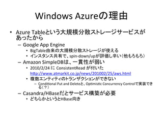Windows	
  Azure                                                                 	
•  Azure	
  Table
                	
  
    –  Google	
  App	
  Engine	
  
         •  BigTable                                                                    	
  
         •                                spin-­‐down/up                                            	
  
    –  Amazon	
  SimpleDB                                                 	
  
         •  2010/2/24	
   ConsistentRead	
         	
  
            	
  hKp://www.atmarkit.co.jp/news/201002/25/aws.html	
  
         •                                               	
  
              –  CondiPonal	
  Put	
  and	
  Delete          OpPmisPc	
  Concurrency	
  Control
                       	
    –  Casandra/HBase                                                            	
  
         •                         HBase              	
  
 