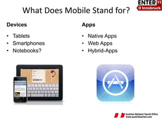 Devices Tablets Smartphones Notebooks? Apps Native Apps Web Apps Hybrid-Apps What Does Mobile Stand for? 