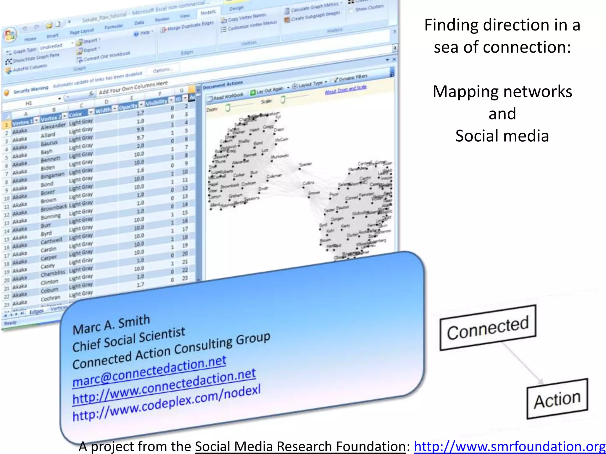NodeXLFree/Open Social Network Analysis add-in for Excel 2007 makes graph theory as easy as a bar chart, integrated analysis of social media sources.http://nodexl.codeplex.com