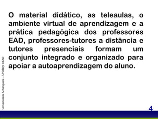 O material didático, as teleaulas, o ambiente virtual de aprendizagem e a prática pedagógica dos professores EAD, professores-tutores a distância e tutores presenciais formam um conjunto integrado e organizado para apoiar a autoaprendizagem do aluno. Universidade Anhanguera –  Uniderp  CEAD 