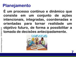 Planejamento É um processo contínuo e dinâmico que consiste em um conjunto de ações intencionais, integradas, coordenadas e orientadas para tornar realidade um objetivo futuro, de forma a possibilitar a tomada de decisões antecipadamente.   Universidade Anhanguera –  Uniderp  CEAD 