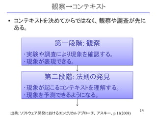 観察→コンテキスト
• コンテキストを決めてからではなく、観察や調査が先に
  ある。

               第一段階: 観察
    ・実験や調査により現象を確認する。
    ・現象が表現できる。

            第二段階: 法則の発見
    ・現象が起こるコンテキストを理解する。
    ・現象を予測できるようになる。

                                              14
出典: ソフトウェア開発におけるエンピリカルアプローチ，アスキー，p.11(2008)
 