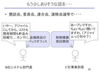 もう少しありそうな話を・・・

• 懇談会、委員会、連合会、連絡会議等で・・・・

いやー。アジャイル                 あーアレですか。
にしてから、コストも                ちょいちょい聞いて
開発期間も軒並み                  ますわ。（アジャイ
短縮で．．ホンマに。金融商品の      制御機器 ルって何や？）
           バックオフィス   受託開発




B社システム部門長               C社事業部長
                                 22
 